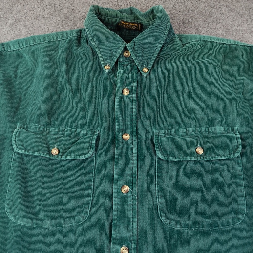 VTG Eddie Bauer Mens Medium Green Corduroy Button Down Shirt Long Sleeve Cotton